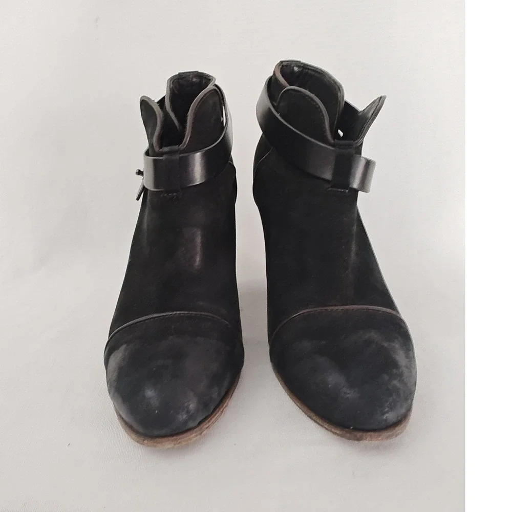 Rag & Bone Harrow Black Suede Leather‎ Stacked Heeled Ankle Strap Bootie size 37